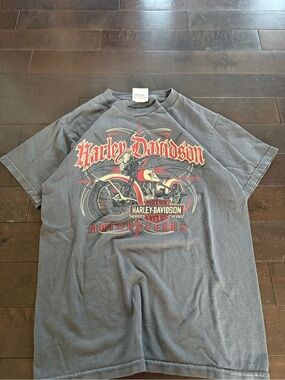 Harley-Davidson Gray Tee with Red and Cream Motorcycle Graphic